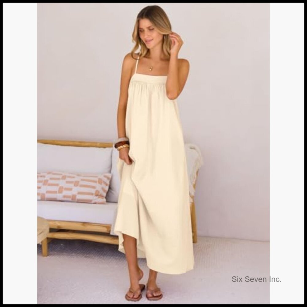 Linen Blend Maxi Sundress with Spaghetti Straps and Pockets - Picture 4 of 7